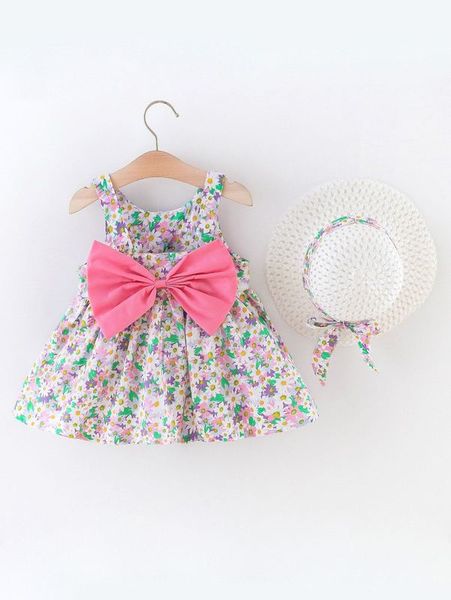 

baby allover floral print bow front dress with hat she, Red;yellow