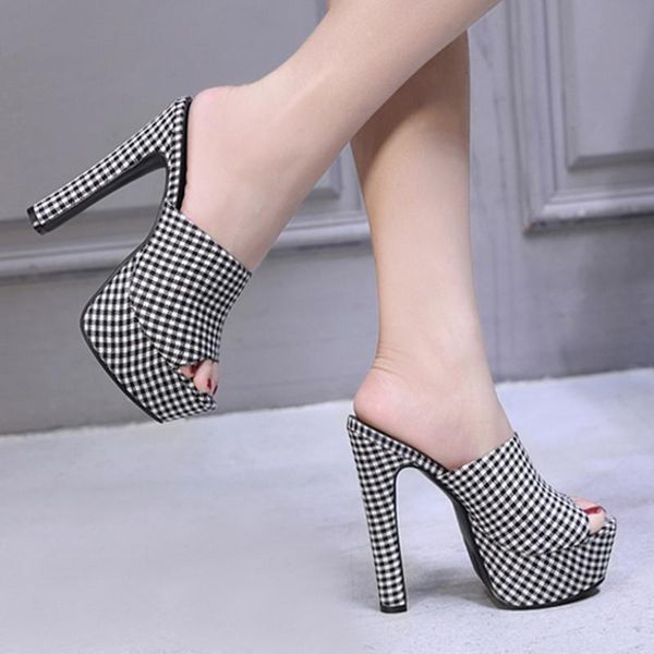 

slippers woman shoes sandals grid nightclub high-heeled 14.5cm waterproof sandal summer pumps party, Black
