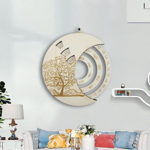 

desk & table clocks 2021 home decoration retro wooden wall calendar year moon noric rotatable circular diy hand-carved