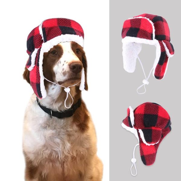 

dog apparel hptyfd winter hat warm fleece plaid pet headgear for puppy outdoor windproof helmet adjustable accessories