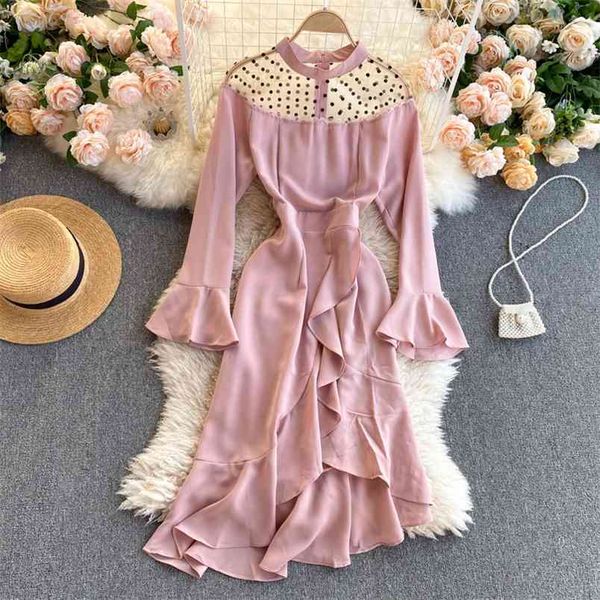 

temperament vestidos female round neck flared sleeves polka dot mesh stitching ruffled fishtail midi dress c616 210506, Black;gray