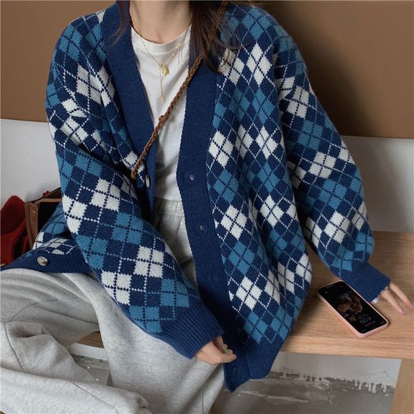 

spring and autumn plaid jacket korean college style sweater knitted cardigan women lazy retro diamond all-match outer wear shawl, Black;brown