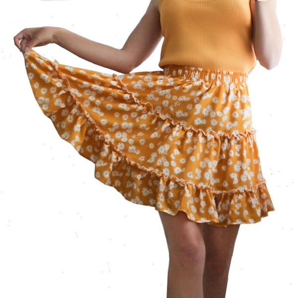 

summer casual elastic womens skirt high waist frills elegant printed beach a short women mini female, Black