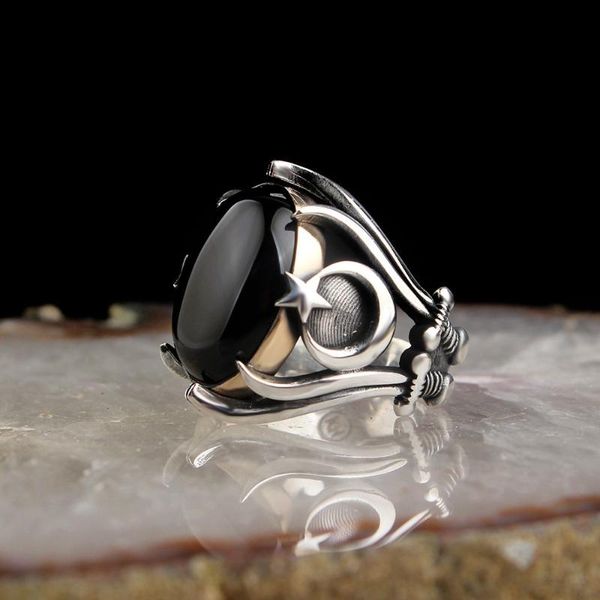 

onyx stone the moon stars swordsman 925 sterling silver ring cluster rings, Golden;silver