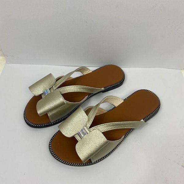 

slippers 2021 summer cool and comfortable bow flat-heeled round toe women's sandals, Black