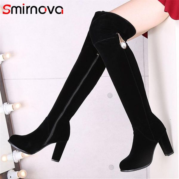

boots smirnova 2021 arrival over the knee women flock crystal zip high heels party wedding shoes woman thigh, Black