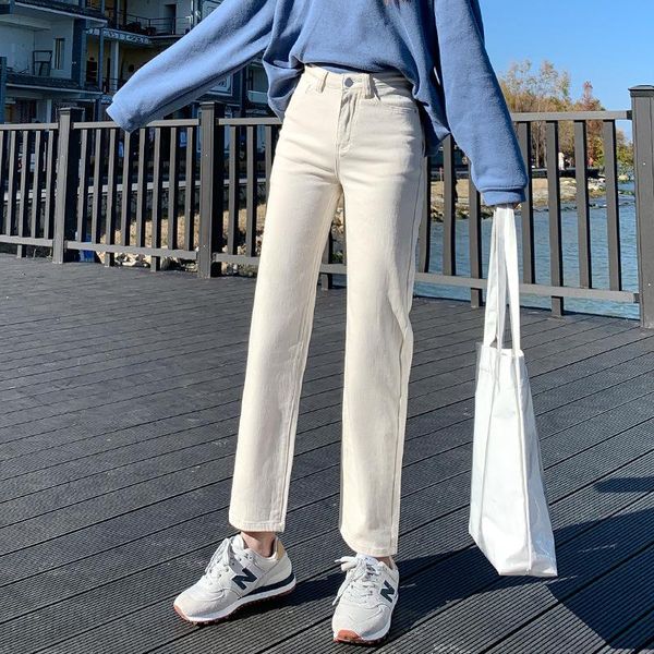 

women's jeans brand plus size 5xl straight high waist classic beige black korean solid color denim trousers, Blue