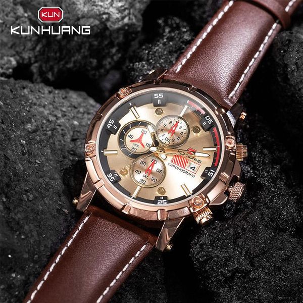 

wristwatches men's chronograph analog quartz watch with date luminous hands waterproof genuine leather strap wristswatch for man gift, Slivery;brown