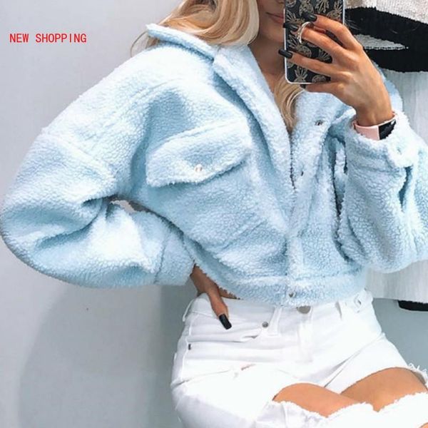 

women's jackets women fluffy fleece white cropped jacket coat fashion autumn winter warm loose pockets lambwool coats female blue outwe, Black;brown