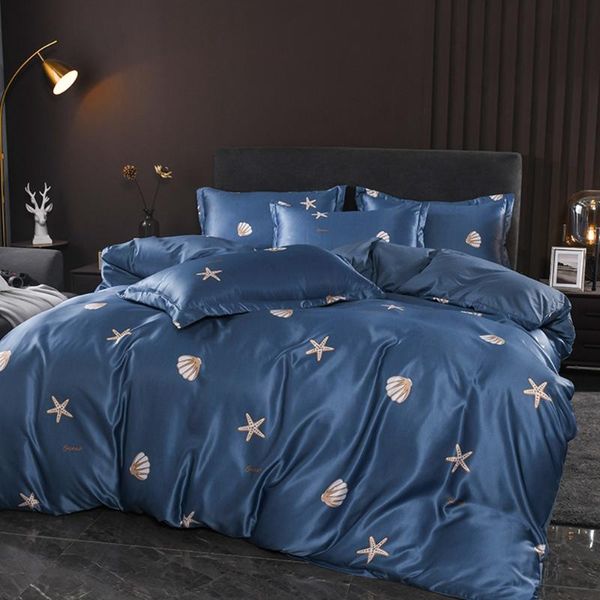 

blue luxury 3/4pcs mulberry silk bedding set star duvet cover sets quilt flat sheet pillowcases twin full  king