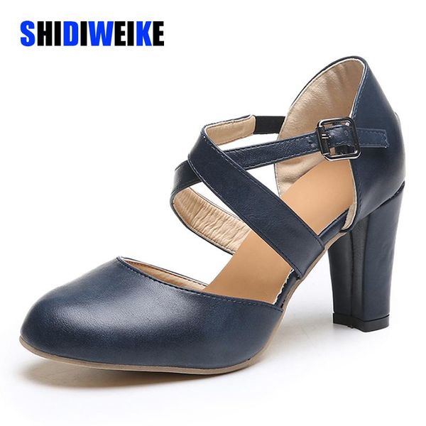 

dress shoes 2021 women mary janes pumps pu blue sweet high heels female classic buckle thick round toe ladies i156, Black