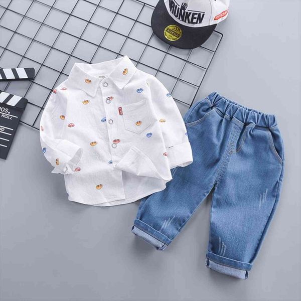 

baby boys fashion spring children cotton clothes full printe blouses jeans 2pcs sets infant out kids toddler casual tracksuit, White