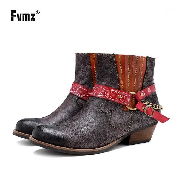 

boots fvmx 2021 women fashion boot for vintage female lady thick high heels shoes handmade genuine leather hand painted girl1, Black