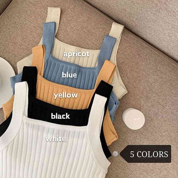 

women knitted crop sleeveless solid cropped vest slim sling knitted tank camisole high basic elastic camis, White
