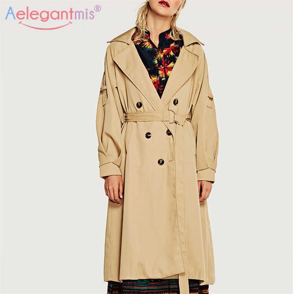 

aelegantmis women long trench coat khaki fashion autumn winter double breasted coats ladies casual outwear with belt 210607, Tan;black