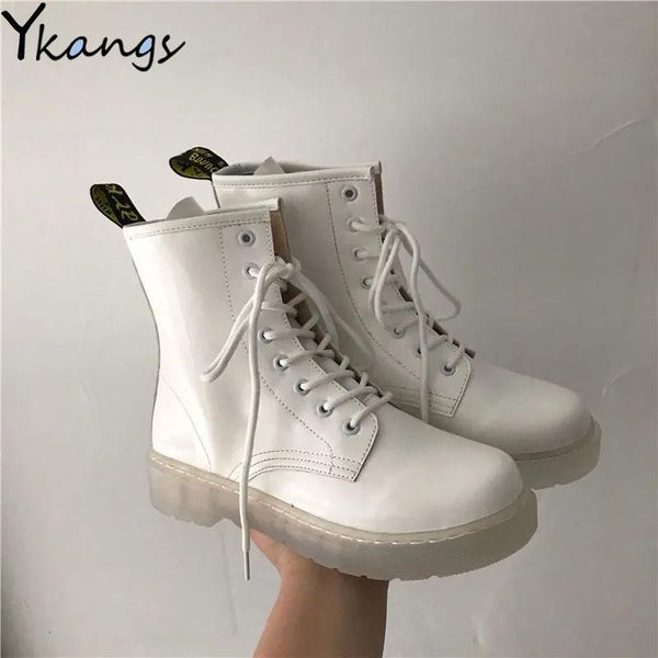 

boots platform white british style lace-up women's motorcycle korean pu leather ladies vulcanized shoes, Black