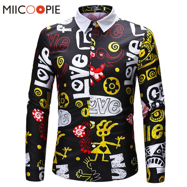 

new men shirts love letter print formal dress shirt male casual art abstract long sleeve funny business hawaiian slim fit shirt, White;black