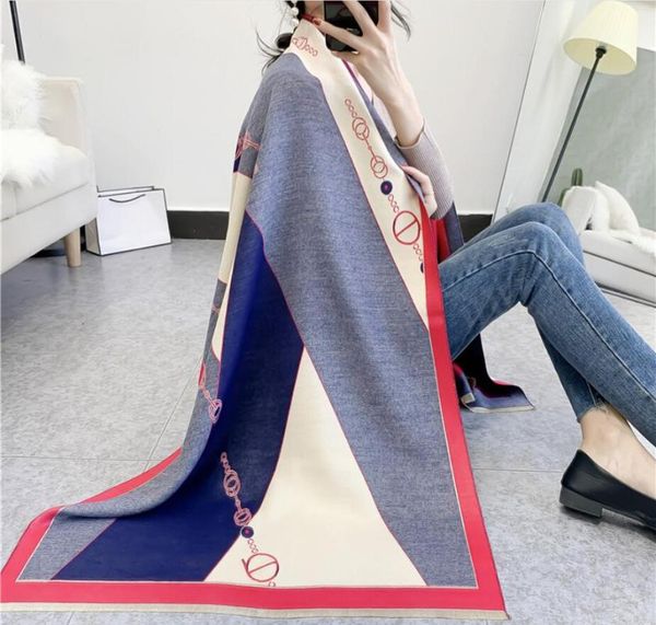 

scarves luxury color matching geometry winter scarf women cashmere warm pashmina foulard lady thick soft bufanda shawl wrap, Blue;gray