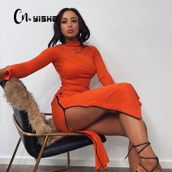 

casual dresses cnyishe fashion sheath party split dress women winter long sleeve regular solid slim midi female streetwear vestido, Black;gray