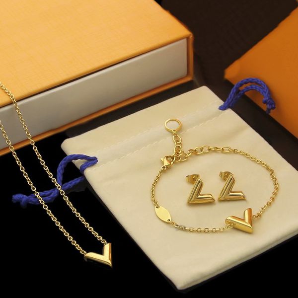 Europa Amerika Modeschmuck Sets Dame Damen Gold/Silber-farbe Metall Gravierte V Initialen Essential V Halskette Armband Ohrringe M61083 M61084 M68153