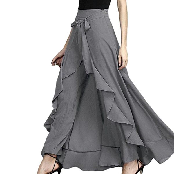 

women casual wrap skirts fashion chiffon tie-waist ruffle wide leg pants, Black