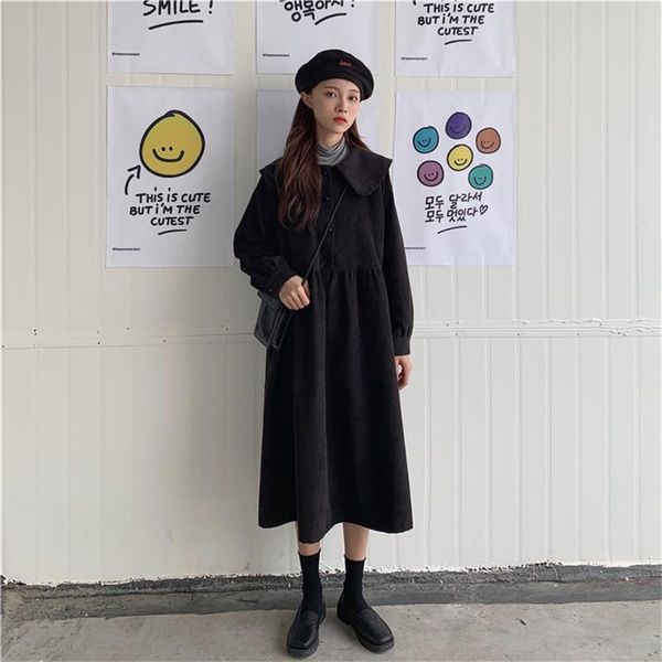 

casual dresses retro corduroy lantern sleeve dress female korean kawaii women's japanese harajuku ulzzang clothing for women, Black;gray
