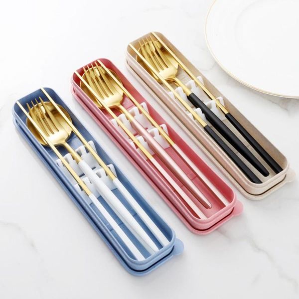 

2/3pcs stainless steel fork spoon chopstick home travel tableware with box bag flatware sets