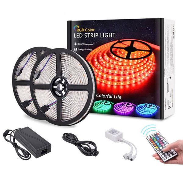 

strips rgb smd led strip 5/10m 150/300 leds waterproof ir remote controller eu/us/uk plug superbright 3 modes light