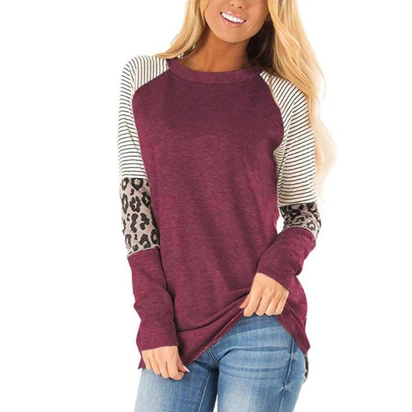 

women's t-shirt 2021 autumn t shirt leopard striped stitching round neck long sleeve pullover female fashion casual loose, White