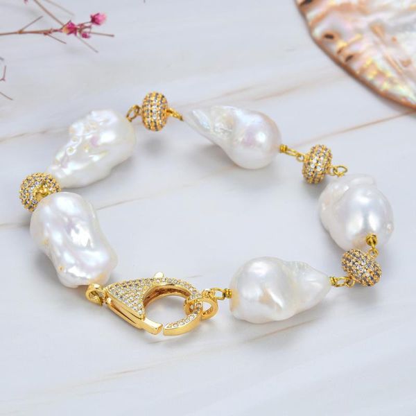 

tennis natural pearl classic 8" freshwater white baroque keshi bracelet cz pave beads connectors women fashion jewelry, Golden;silver