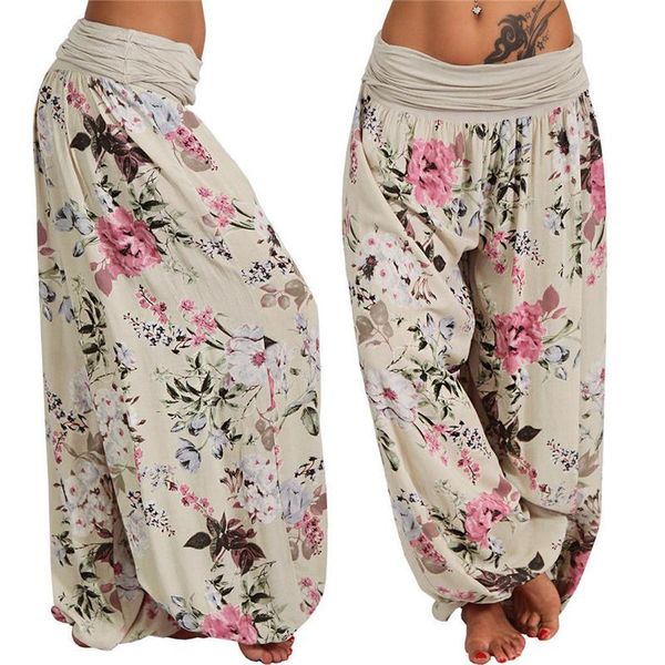 

women's pants & capris summer bohemian floral high waist casual loose wide leg heram 2021 fashion women plus size sports trousers femme, Black;white