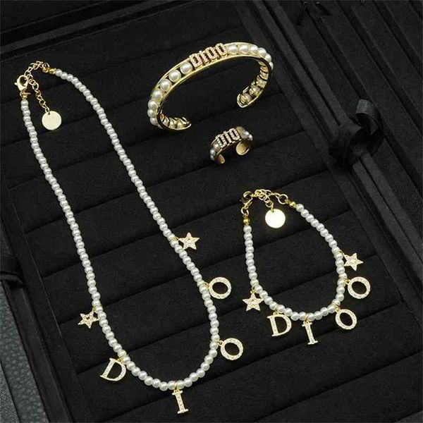 

special offer 75%off outlet new star letter tassel pearl necklace bracelet family pearl bracelet ring set, Silver