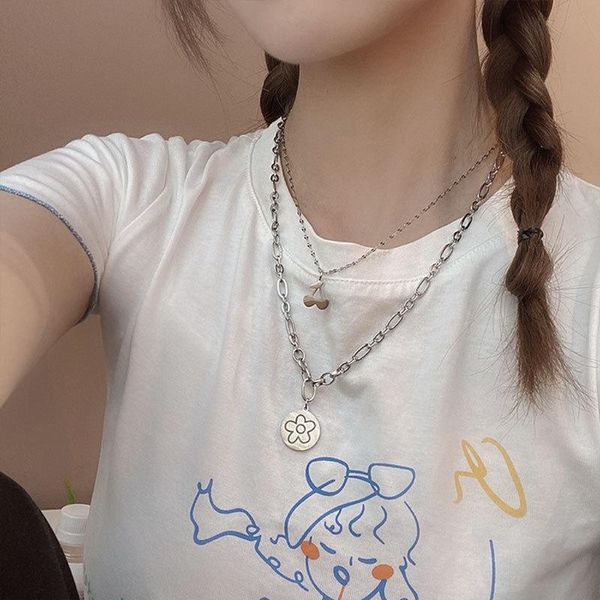 

pendant necklaces double layered flower cherry titanium steel necklace female temperament cold wind trend clavicle chain, Silver