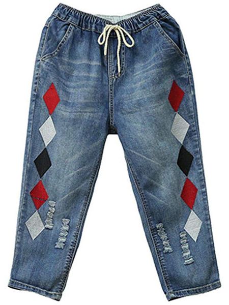 

women's pants & capris 2021 fashion chic woman jeans high waist straight cute elastic band lace denim cropped geometric pattern, Black;white