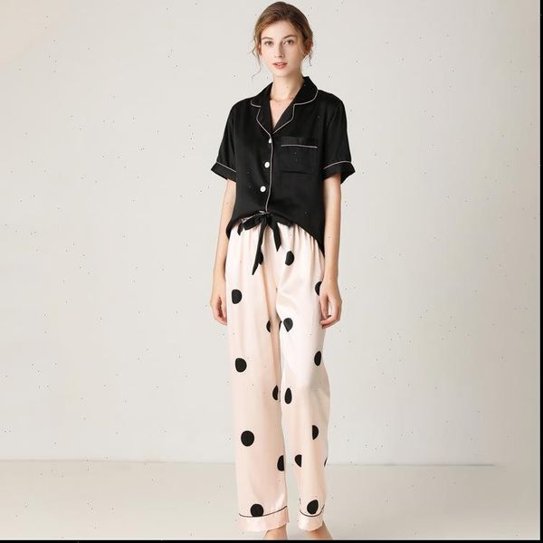 

suit short sleeved with women sleepwear long trousers set loose style high end home satin pijamas clothes, Black;red