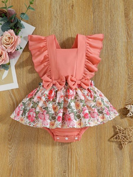 

baby floral print ruffle trim bow front combo dress she, Red;yellow