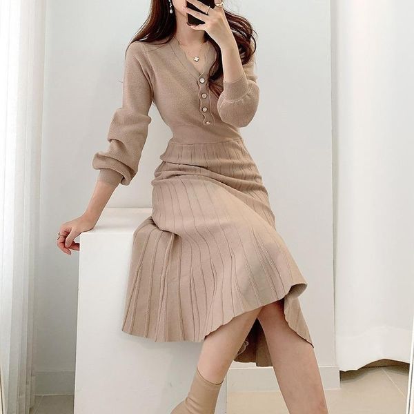 

casual dresses 2021 autumn and winter half high neck mid-length sweater skirt puff sleeves knitted long-sleeved dress women, Black;gray