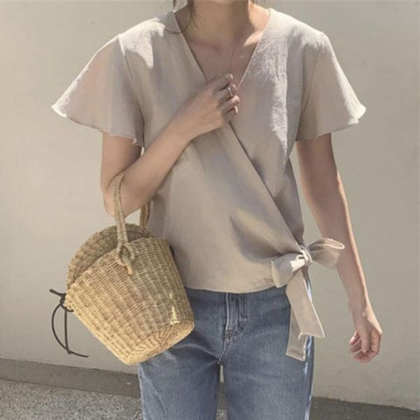 

elegant korean office ladies vintage casual blouse women loose plain bowknot design female fashion shirts short sleeve tee women's blo, White