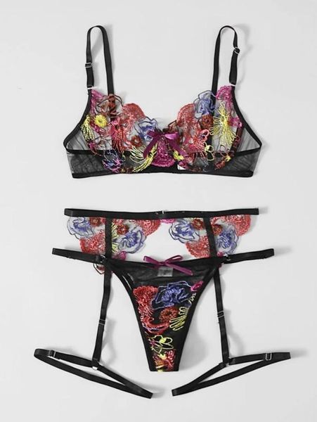 

bras sets transparent babydoll dress costumes women's women flower embroidery lace bra thong lingerie set g-string, Red;black