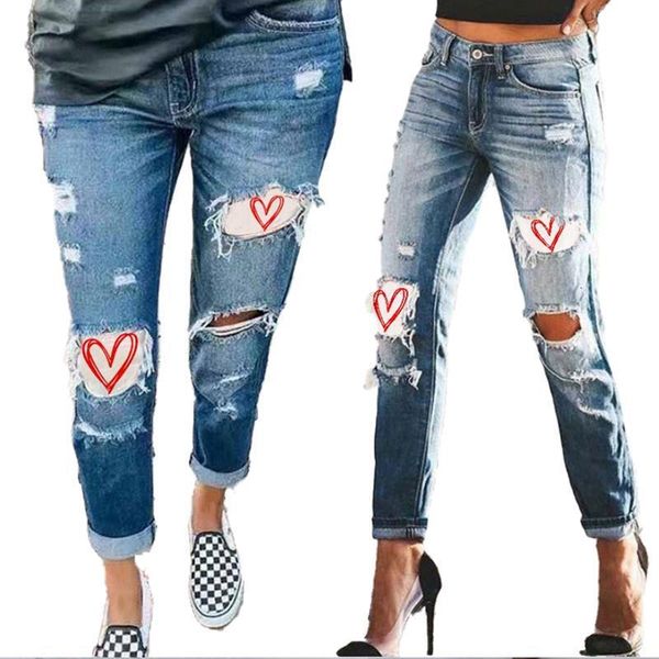 

jeans denim pants creative 2021 summer temperament middle waist women's perforated, Blue