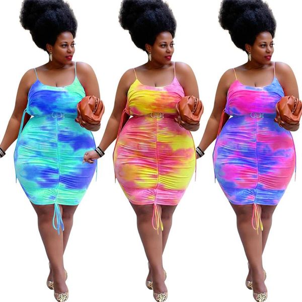 

casual dresses plus size women 4xl tie-dye printed strap pleated belt fashion loose summer clothing 2021 wholesale items, Black;gray