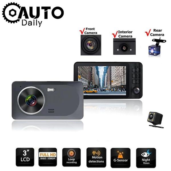 

3.0" full hd car dvr 3 cameras lens dash cam dual rearview video recorder auto registrator motion detector dvrs camera