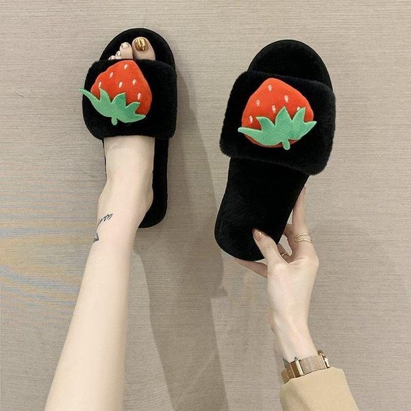 

autumn winter home slippers women cartoon fruit accessories ladies slip on fluffy fur zapatos de mujer, Black