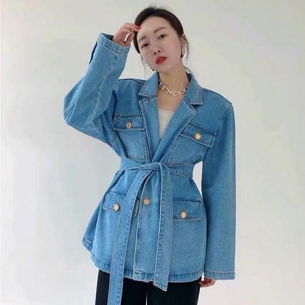 

women's jackets [ewq] 2021 autumn korean lace up denim jacket women lapel collar long sleeve high waist tunic pocket oversize coats, Black;brown