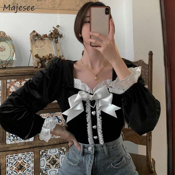 

women shits bow pull sleeve button square collar lace patchwork vintage french style elegant sweet girls lady casual chic women's blou, White