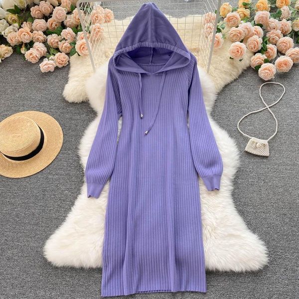 

casual dresses women's hooded knitted straight dress autumn 2021 winter simple solid color midi base sweater for womens vestidos, Black;gray