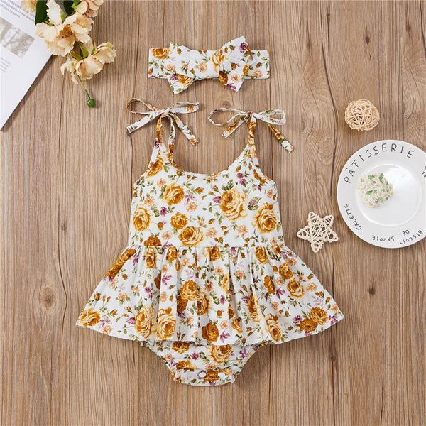 

baby girls summer breathable outfits 2pcs, cute self tie strap sleeveless floral tutu romper with headband set clothing sets, White