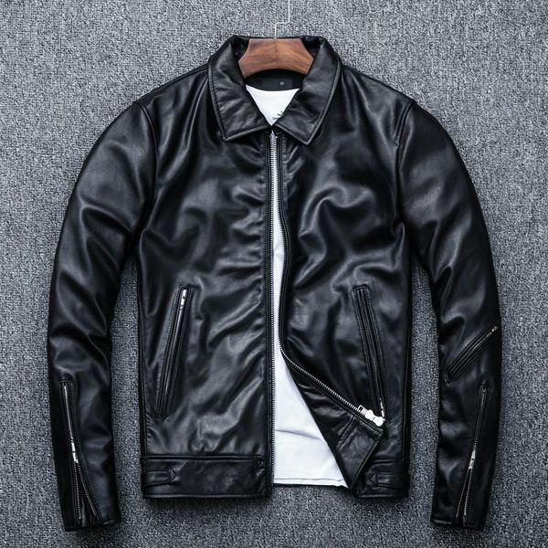 

men's leather & faux amekaji heavy oil wax jacket sheep motorcycle coat lapels japanese, Black