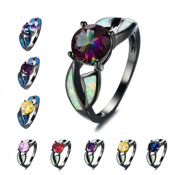 

wedding rings luxury female white blue fire opal stone ring vintage black gold promise rainbow engagement for women, Slivery;golden