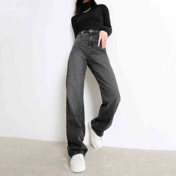 

womens casual denim pants high waisted wide leg jeans 2021 autumn winter tall instantly slims relaxed fit straight leg jean, Blue